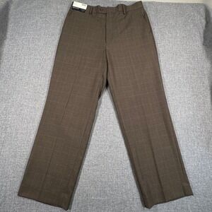 Braggi Louis Raphael Dress Pants Men 34x29 Brown Windowpane Plaid Flat Front NEW